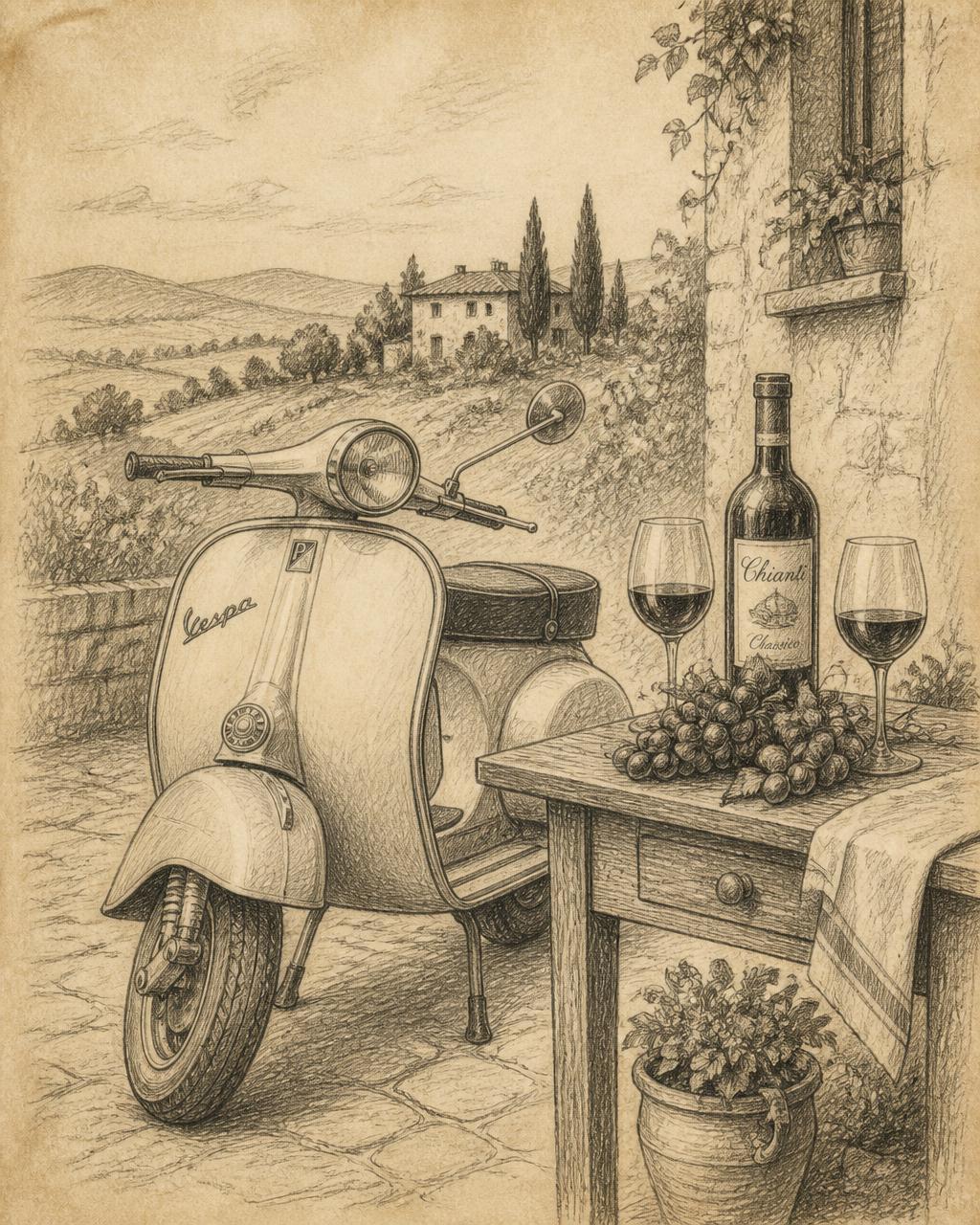 Disegno a matita: Vespa con vino sul tavolo