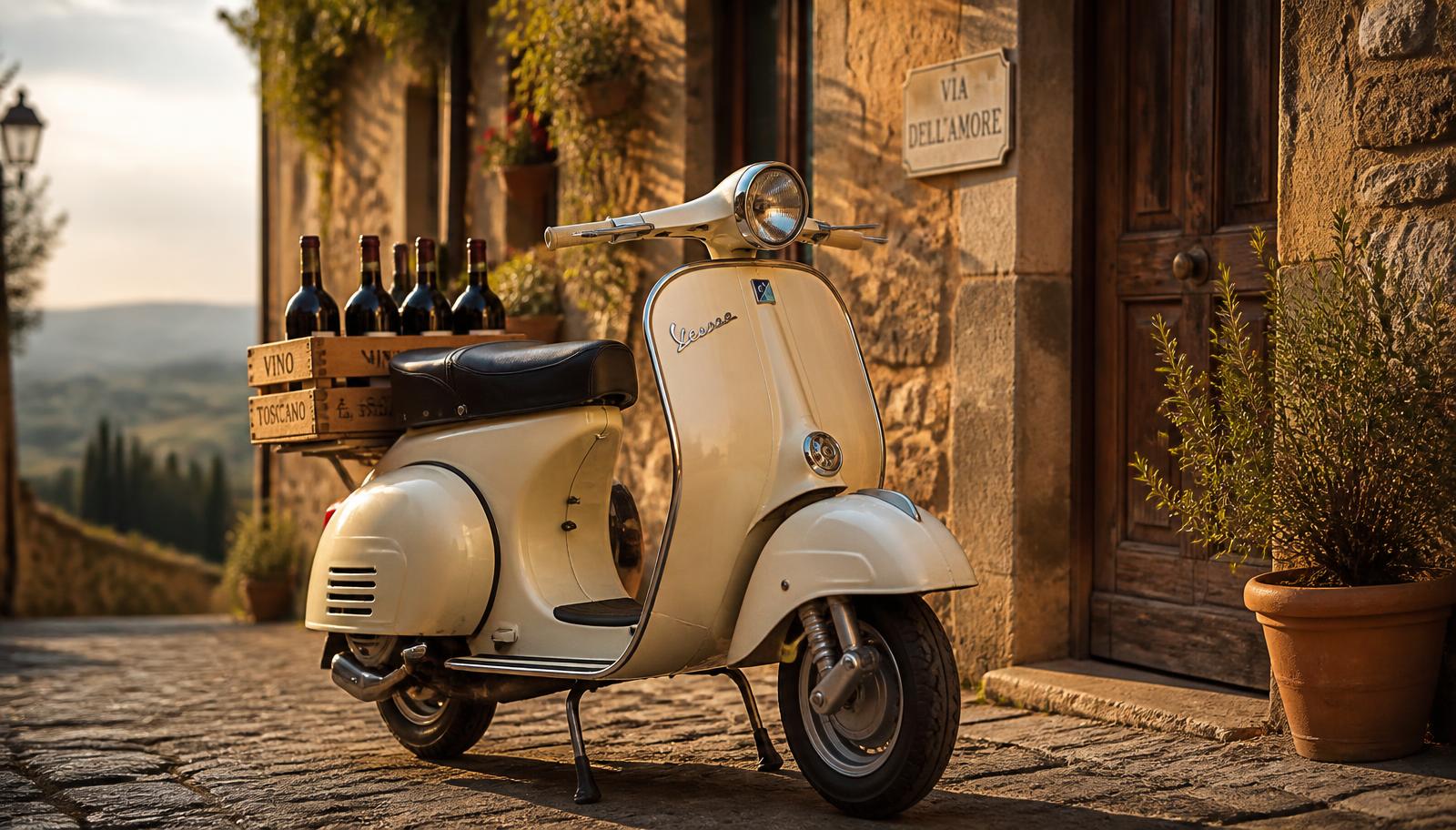 Consegne in Vespa con cassa di vino toscano